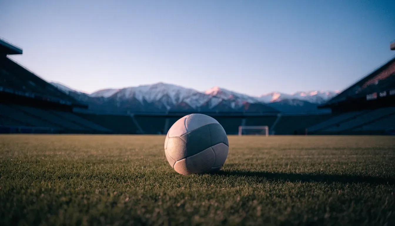 Ein Fussball liegt auf dem Rasen eines leeren Stadions am frühen Abend, dahinter erheben sich schneebedeckte Berge unter klarem Himmel.