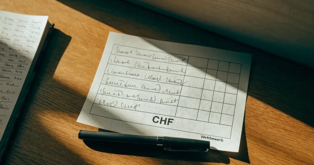 Ein Schachbrett mit mehreren Figuren mitten in einer Partie steht auf einem Holztisch, daneben liegt ein Stift.