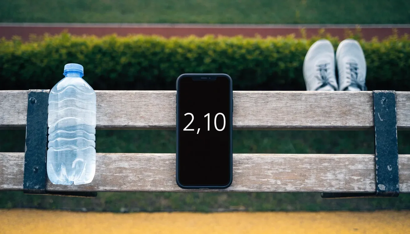 Ein Smartphone mit dunklem Bildschirm lehnt an einer Wasserflasche, daneben stehen Laufschuhe auf einer Bank am Sportplatz.