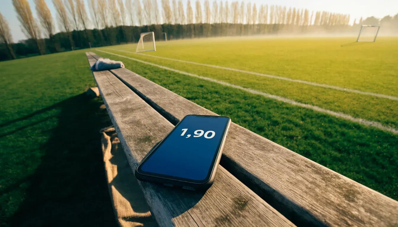 Ein leerer Fussballplatz mit weissen Linien von oben gesehen im Morgenlicht, am Rand stehen zwei Tore und eine Reihe Pappeln.