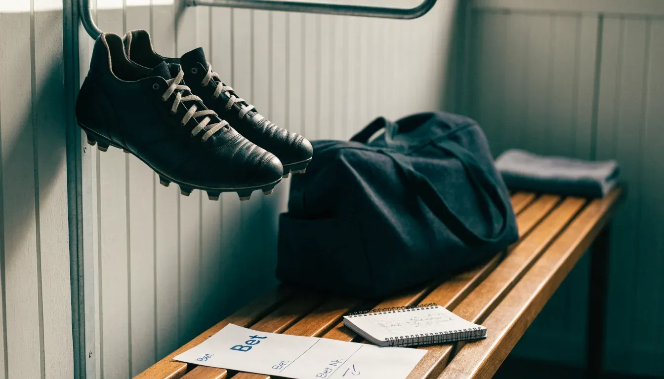 Ein Paar Fussballschuhe hängt an einem Haken in einer ruhigen Umkleide, darunter steht eine Sporttasche auf einer Holzbank.