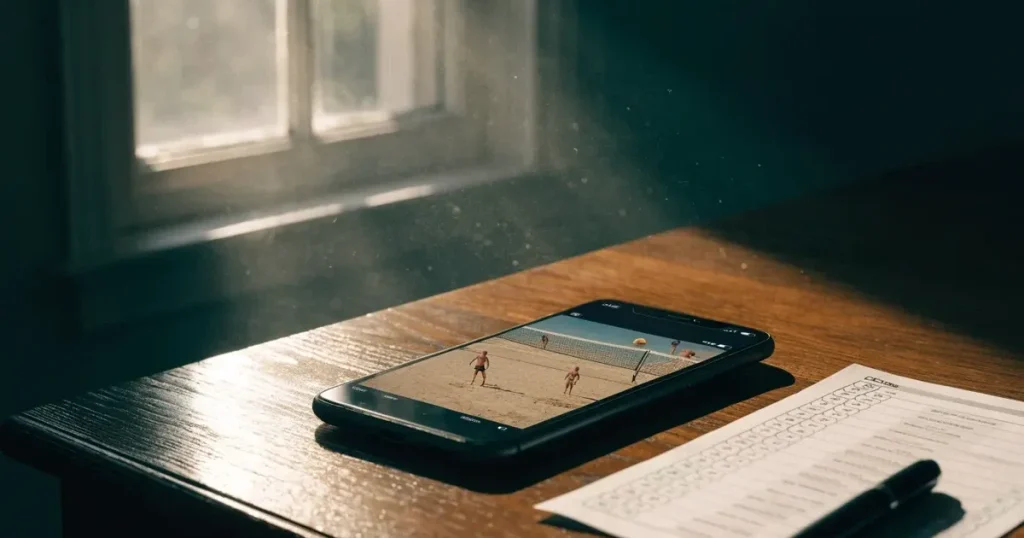 Ein Volleyball liegt am Fuss des Netzes auf Sand, im Hintergrund glitzert ein See und ein Bergzug steht im Dunst.