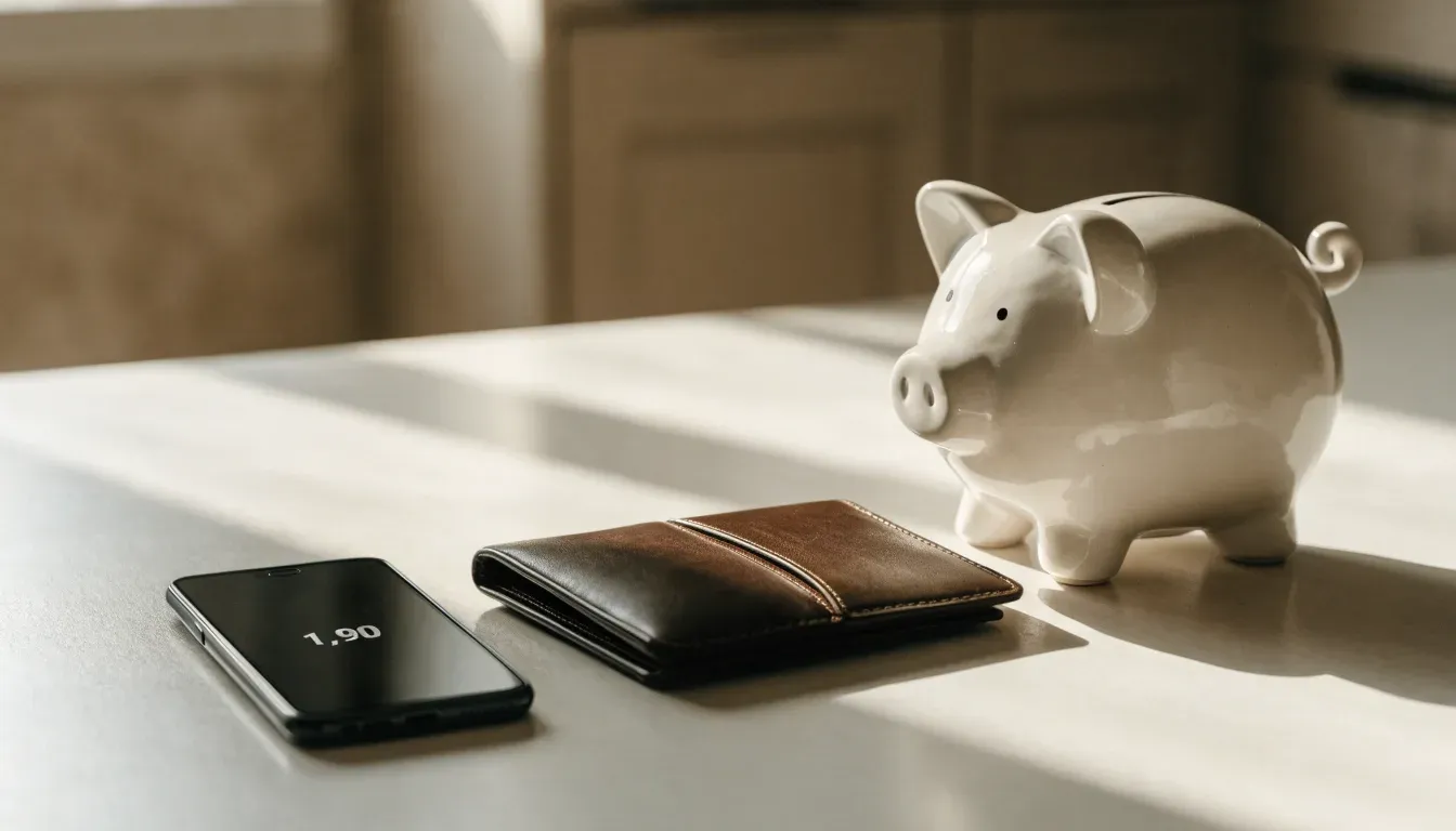 Ein Sparschwein aus Keramik steht auf einem Küchentisch neben einer leeren Geldbörse im Licht des Morgens.