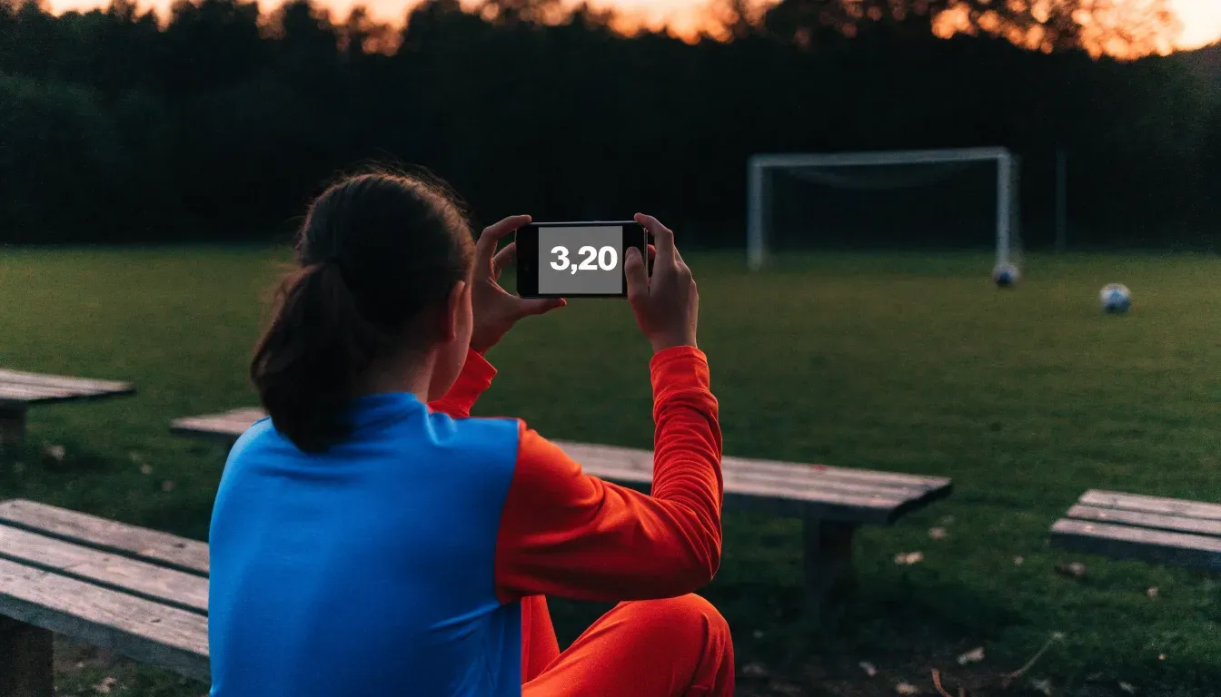 Ein Fussballtor ohne Netz steht auf einer Wiese am Waldrand, die Abenddämmerung färbt den Himmel orange.