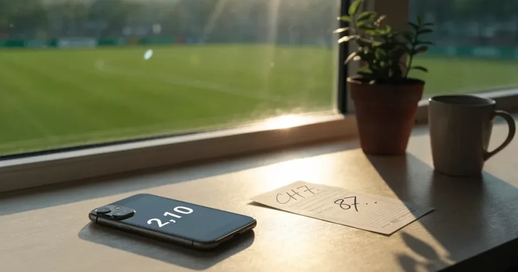 Ein aufgeräumter Schreibtisch mit Pflanze und Tasse in einem Heimbüro, vor dem Fenster liegt ein Fussballplatz im Gegenlicht.