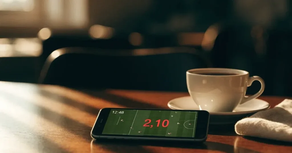 Ein Smartphone mit dunklem Display liegt auf einem Holztisch neben einer Kaffeetasse, durch das Fenster fällt warmes Abendlicht.