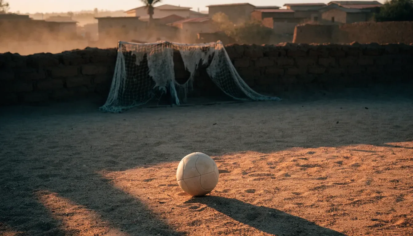 Ein Fussball liegt auf rotbraunem Sand am Rand eines Dorfes, die Abendsonne wirft lange Schatten.