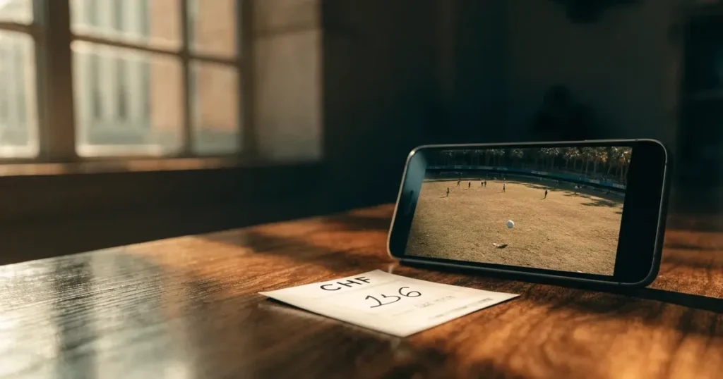 Ein ausgetrockneter Fussballplatz mit Rasenstreifen im warmen Nachmittagslicht, im Hintergrund Palmen und ein flaches Stadiondach.