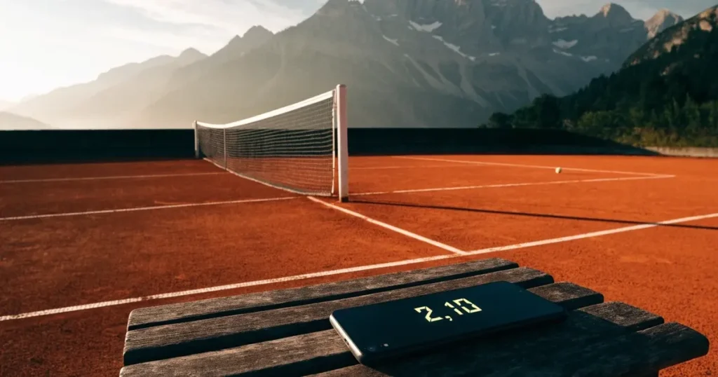 Ein Sandplatz im ersten Morgenlicht, die Linien sind frisch gezogen, das Netz bewegt sich leicht im Wind, Berge im Dunst.