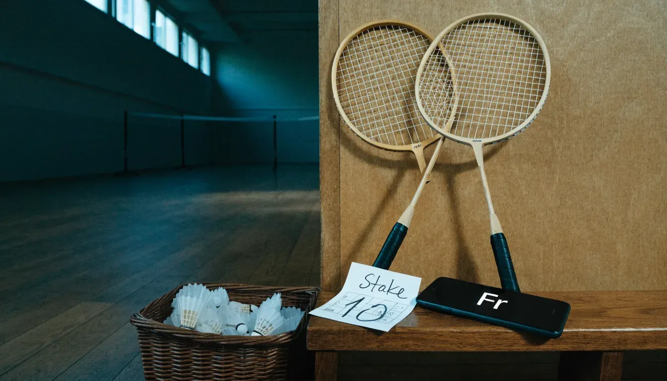 Zwei Badmintonschläger lehnen gekreuzt an einer Hallenwand aus Holz, daneben steht ein Korb mit Federbällen.