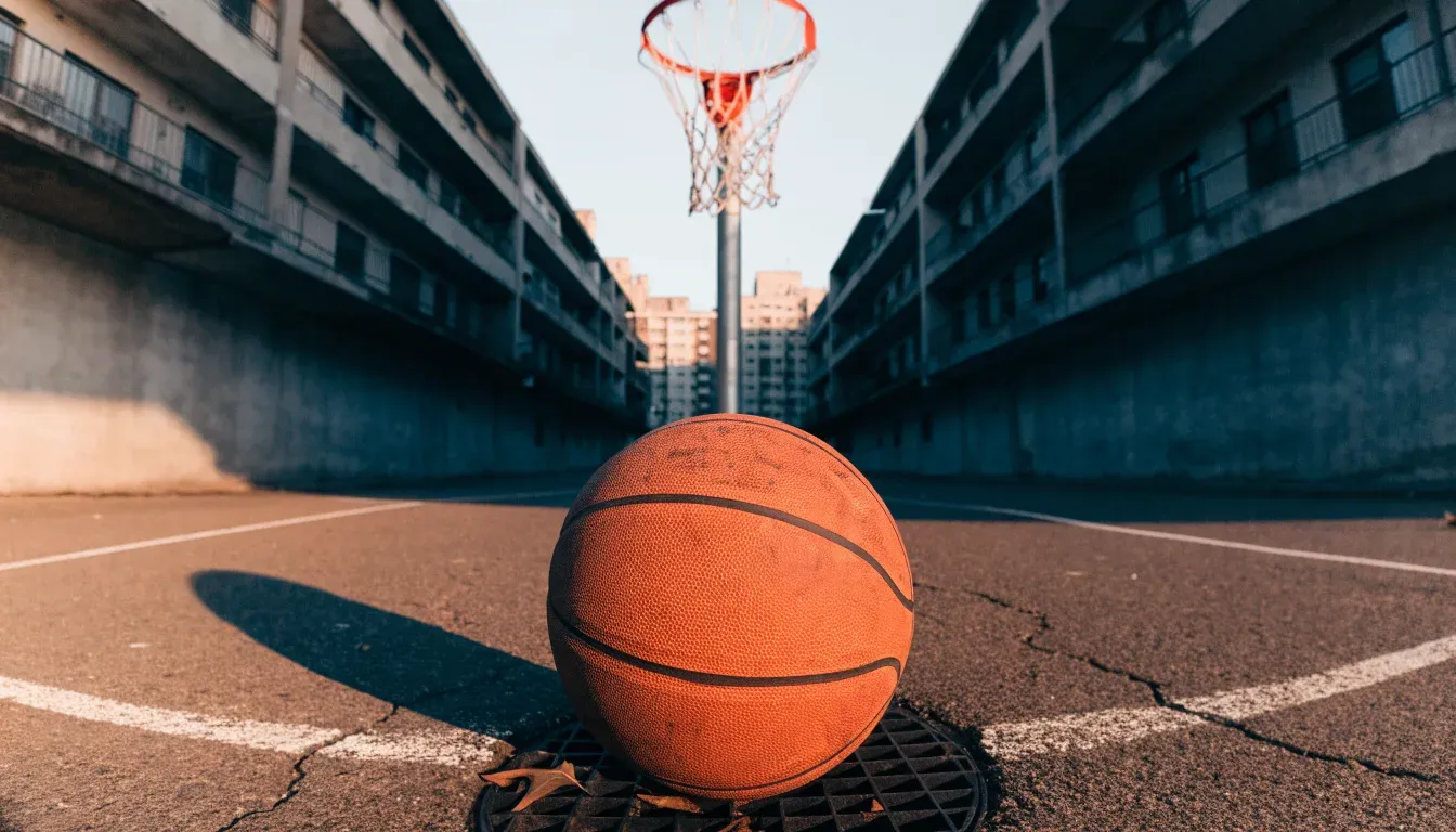 Ein Basketball liegt auf einem Asphaltplatz in einem Hinterhof zwischen Wohnblöcken, das Abendlicht färbt die Wände warm.
