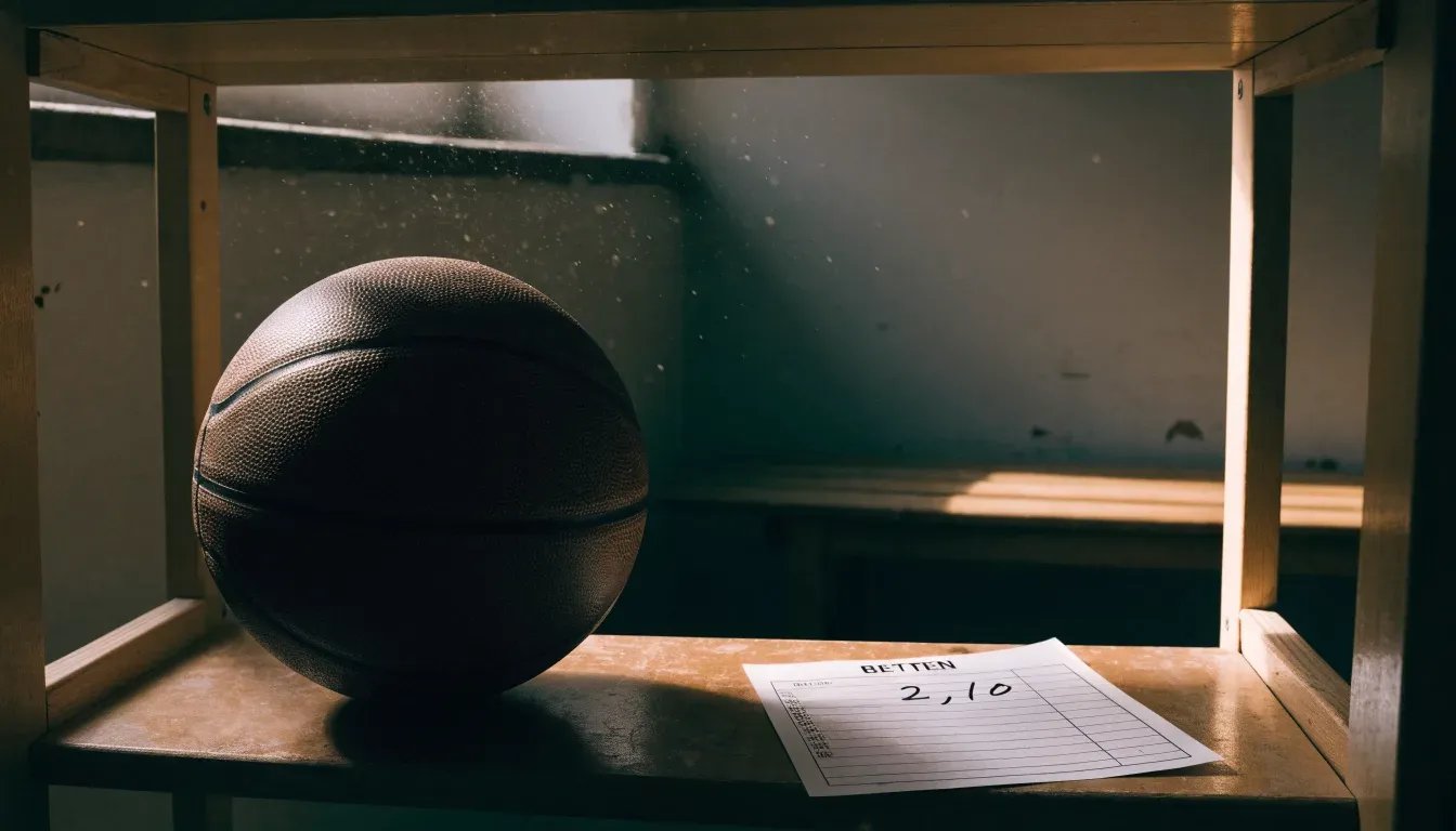 Ein abgenutzter Lederball liegt auf einem Holzregal in einem Vereinsraum, ein Sonnenstrahl macht den Staub sichtbar.