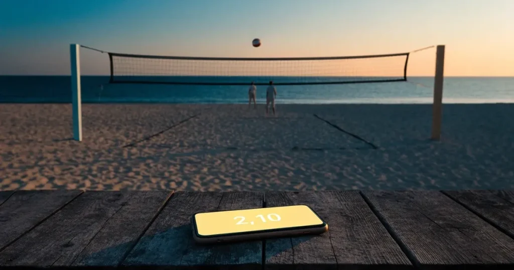 Ein Volleyball liegt auf feinem hellem Sand, ein gespanntes Netz verschwimmt dahinter, das Licht kommt von einem weiten Meer.
