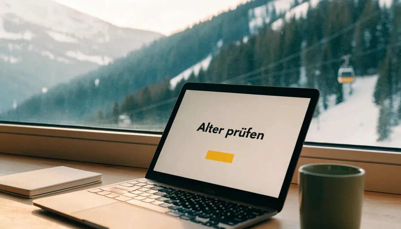 Eine Seilbahnkabine schwebt über einem verschneiten Tal, die Sonne bricht durch die Wolken und beleuchtet die Hänge.