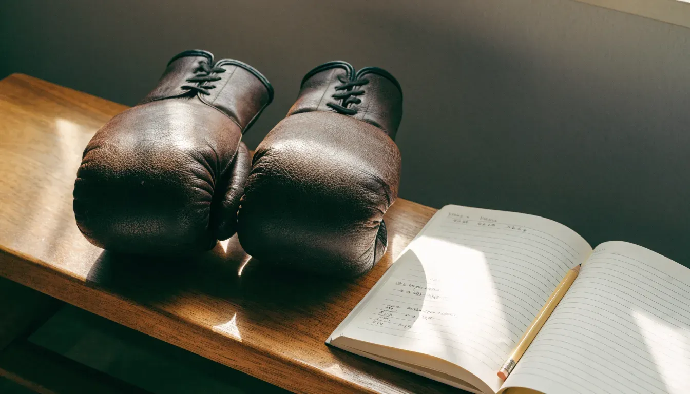 Ein Paar Boxhandschuhe aus Leder liegt auf einer Holzbank neben einem Notizbuch mit handgeschriebenen Zeilen, warmes Fensterlicht