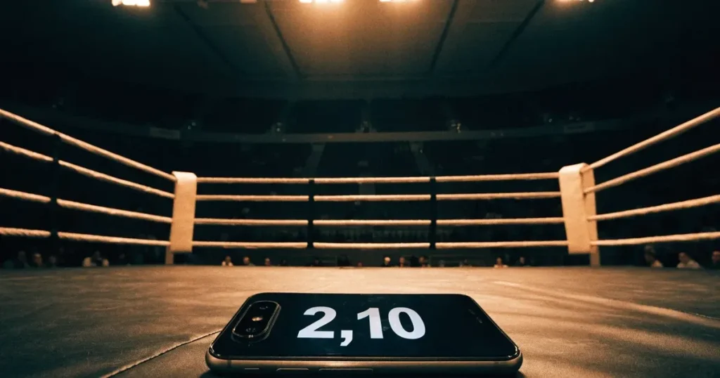 Ein leerer Boxring mit gespannten Seilen unter hellem Hallenlicht, dahinter ansteigende Zuschauerränge in einer grossen dunklen Halle