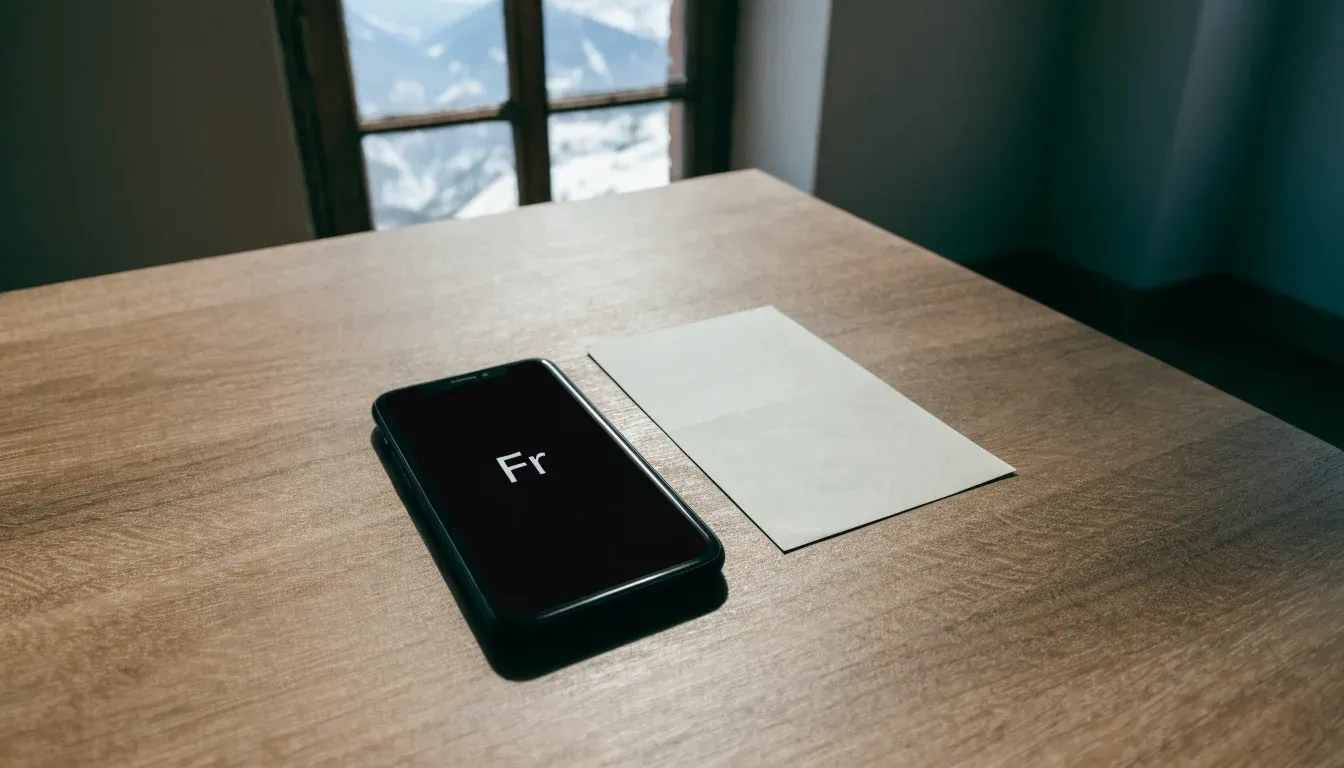 Ein Smartphone mit dunklem Bildschirm liegt auf einem Holztisch vor einem Fenster mit Blick auf schneebedeckte Gipfel