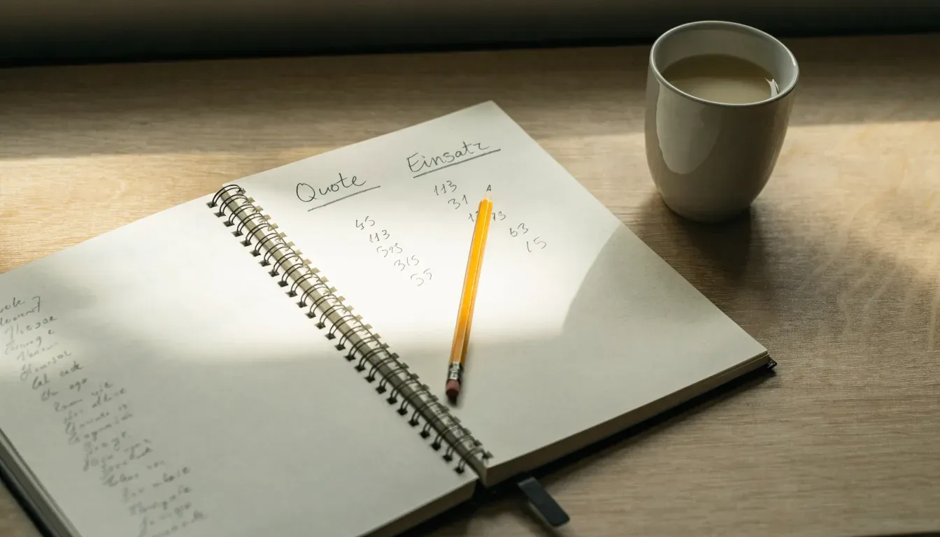 Ein aufgeschlagenes Notizbuch mit handgeschriebenen Spalten und ein Bleistift neben einer Tasse Kaffee auf einem Holztisch am Morgen