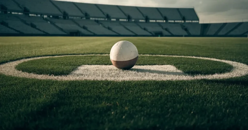 Ein Fussball liegt auf dem Anstosspunkt eines frisch gemähten Rasens, dahinter eine grosse Tribüne unter bewölktem Himmel