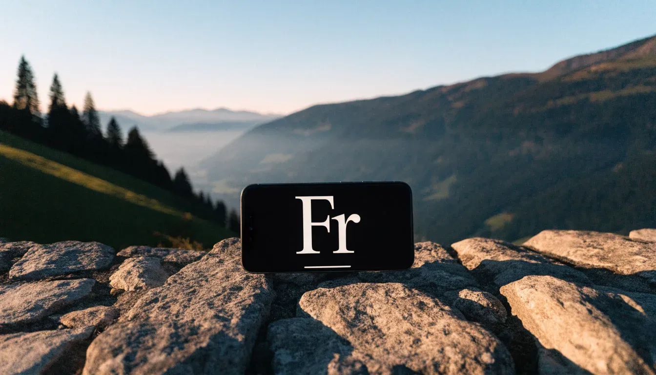 Ein Smartphone mit dunklem Display liegt auf einer Steinmauer, dahinter ein Alpental im Abendlicht