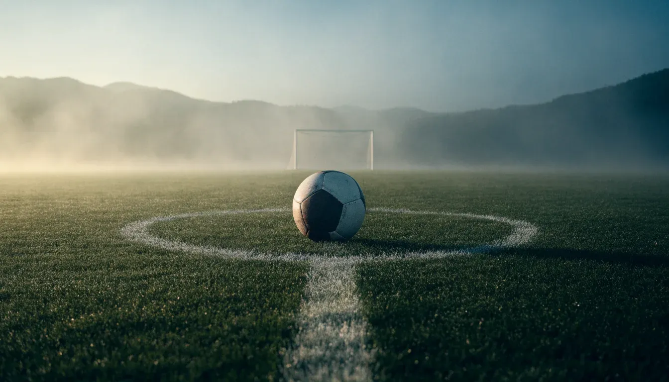 Ein einzelner Fussball auf dem Mittelpunkt eines leeren Rasens im Morgennebel, hinter dem Tor ragen Berge auf