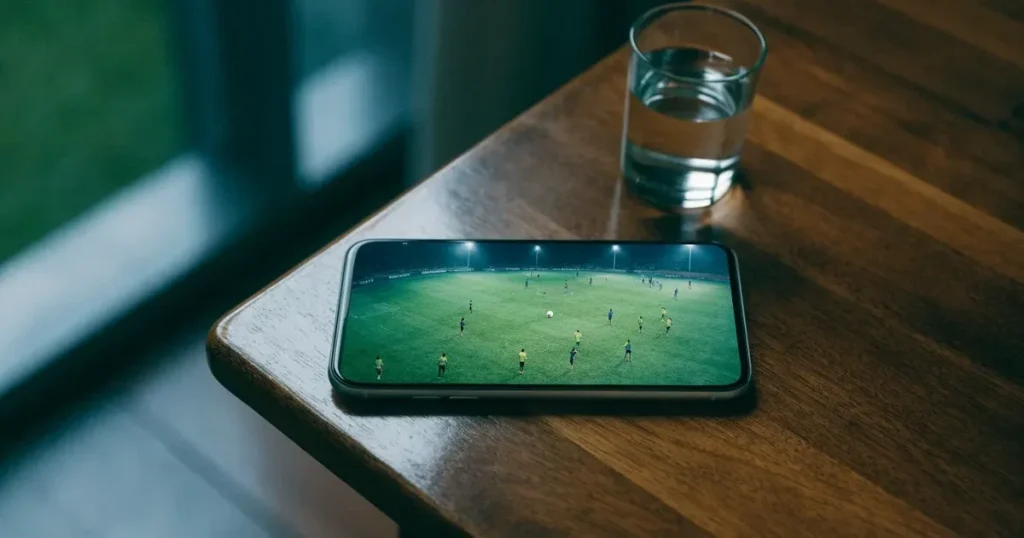 Ein Fussballstadion bei Flutlicht von einer Anhöhe aus gesehen, der Rasen leuchtet grün unter dunklem Abendhimmel