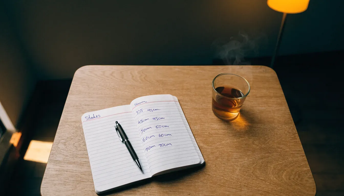 Ein Notizbuch mit handschriftlichen Einträgen und eine Tasse Tee stehen auf einem Tisch neben einer Stehlampe