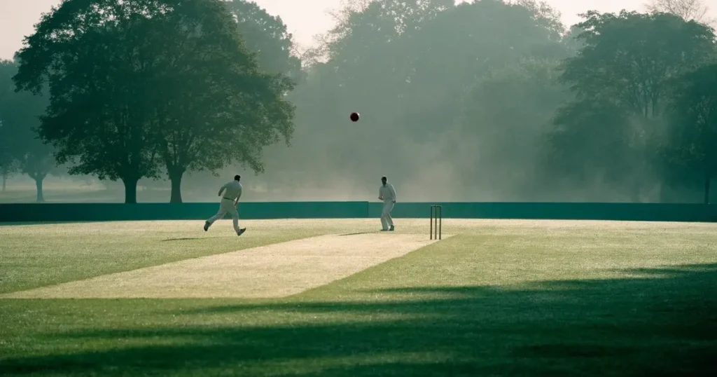 Ein ovales Cricketfeld mit gemähtem Rasen und hellem Mittelstreifen am frühen Morgen, Nebel zwischen den Bäumen am Rand