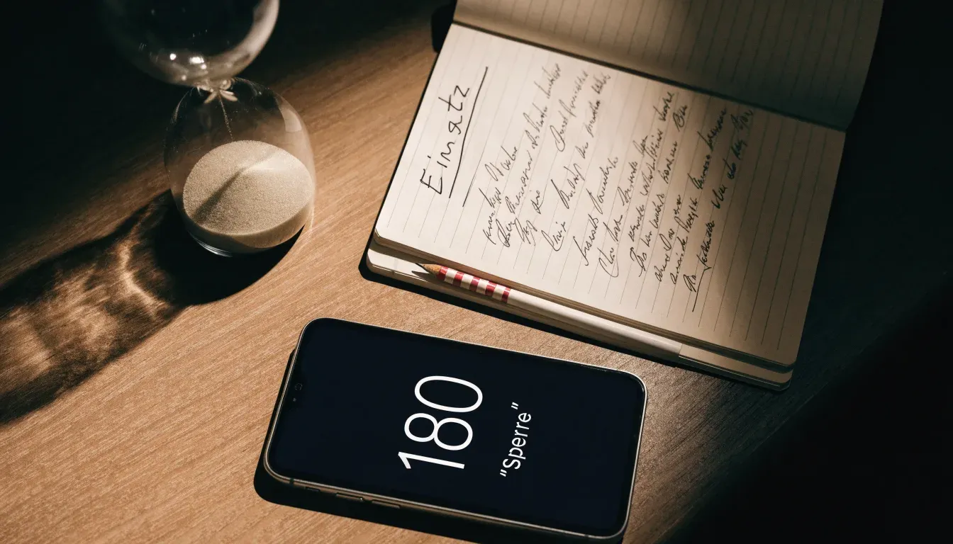 Eine Sanduhr steht auf einem Schreibtisch neben einem Notizbuch mit handschriftlichen Einträgen im Licht einer Lampe