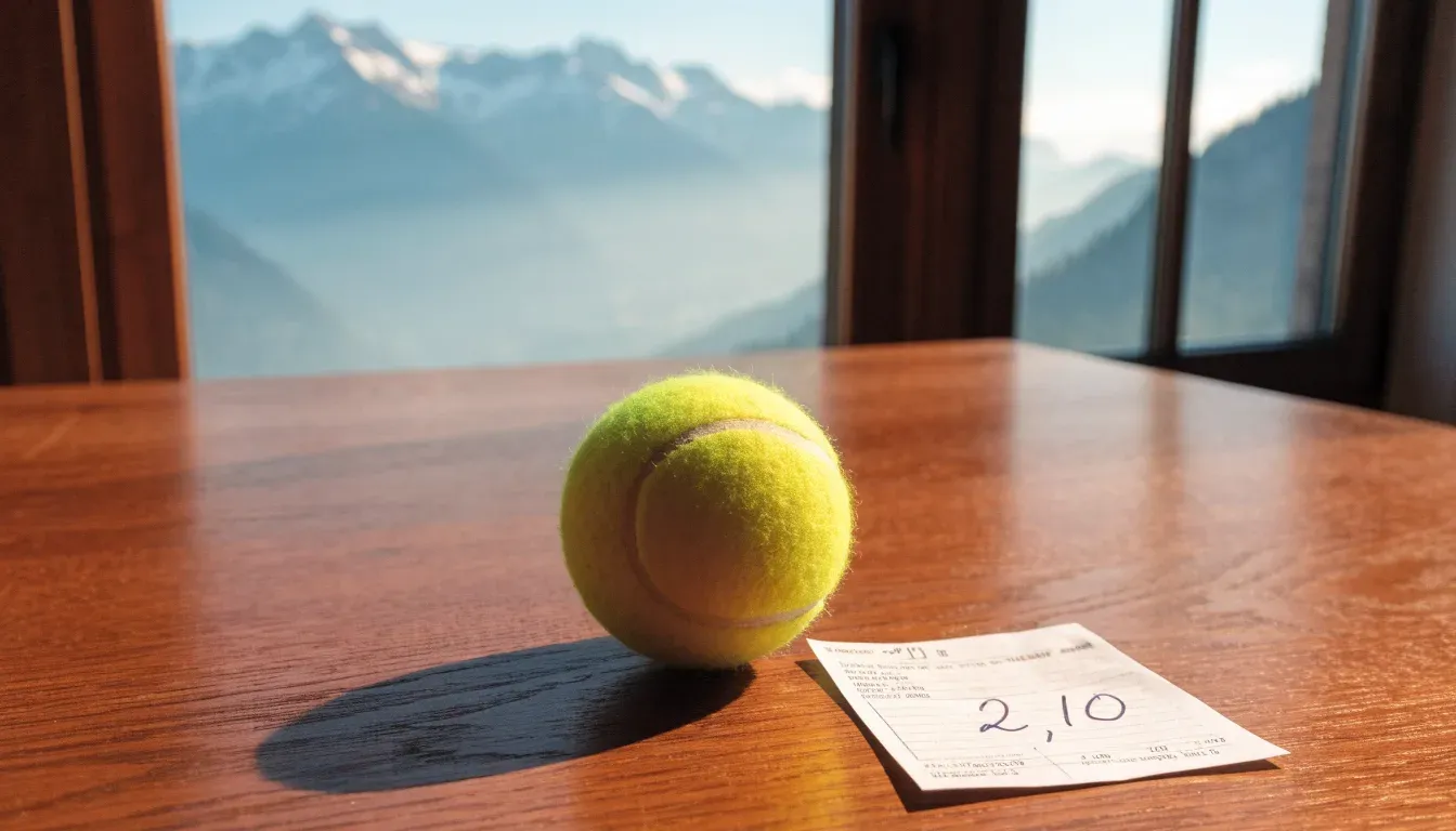 Ein einzelner gelber Tennisball liegt auf einem Holztisch vor einem Fenster mit Alpenblick