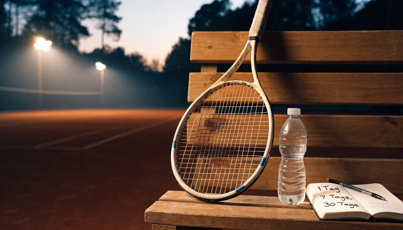 Ein Tennisschläger lehnt an einer Bank neben einer Wasserflasche, am Abend ruht der Platz im Flutlicht, aus der Ferne gesehen