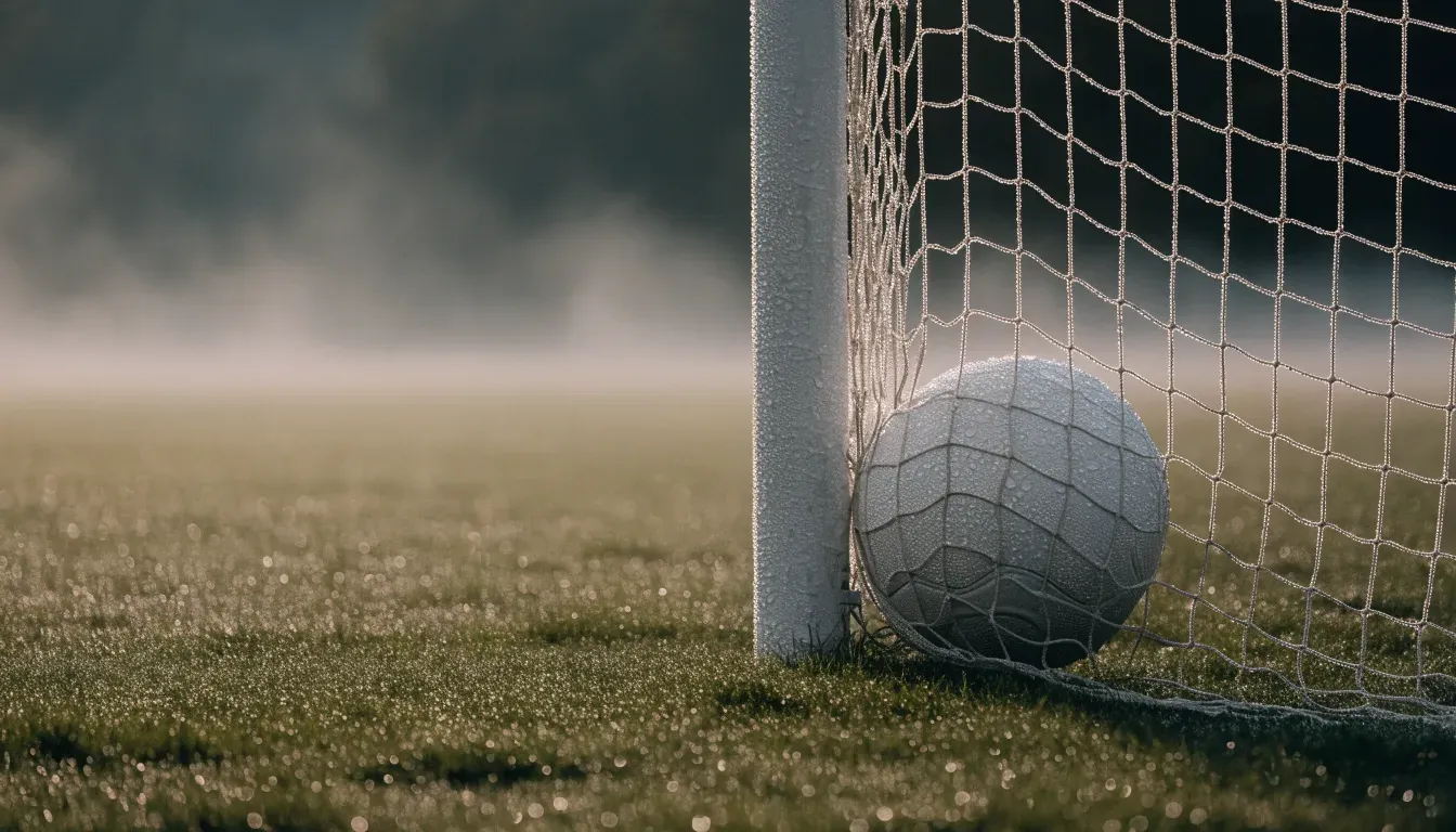Ein Fussball liegt im Netz hinter einem Tor, weicher Morgennebel hängt über dem Rasen