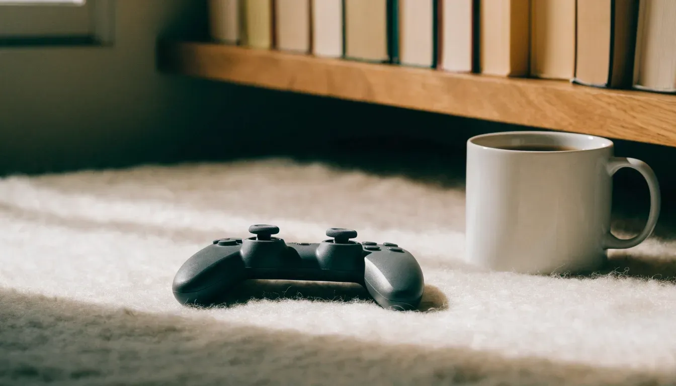 Ein Spielcontroller liegt auf einem Teppich neben einer Tasse, im Hintergrund ein Regal mit Büchern