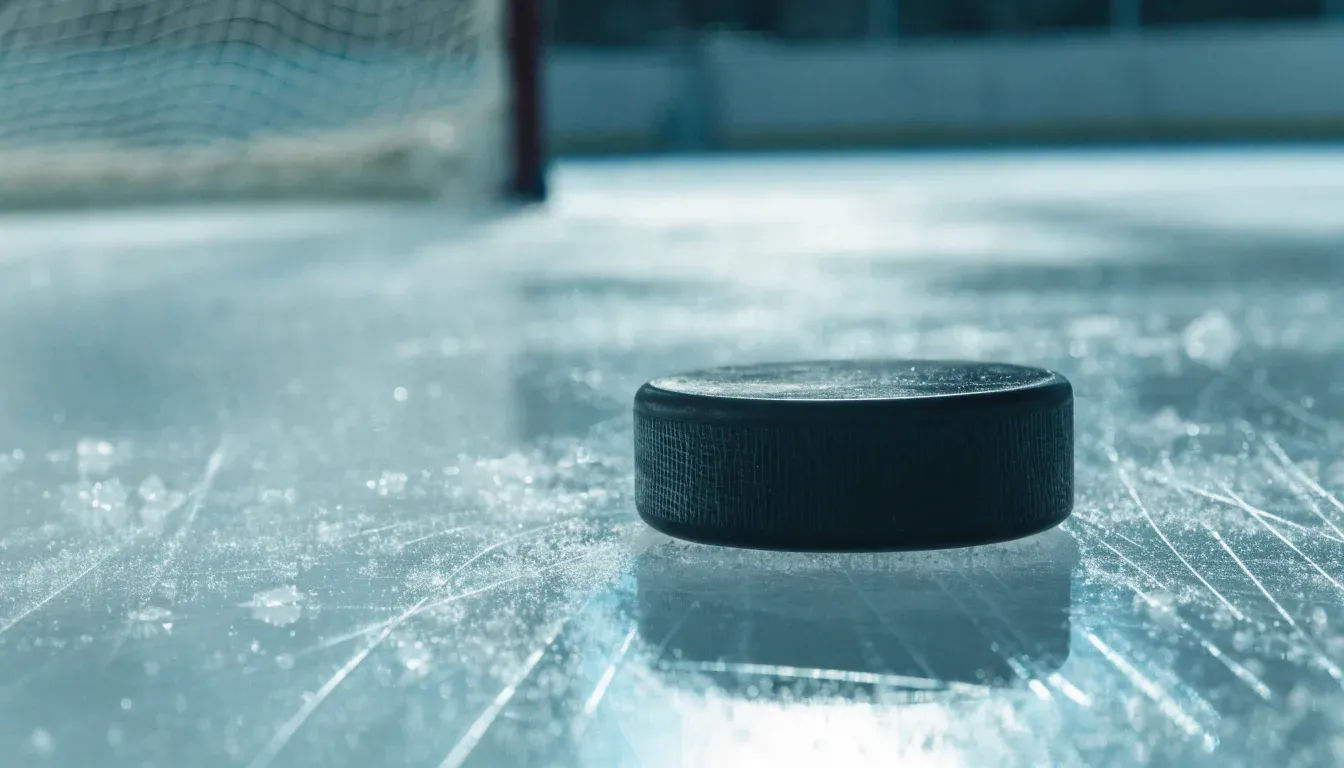 Ein Eishockeypuck liegt auf einer Eisfläche mit Kratzspuren, Nahaufnahme mit kühlen Reflexen