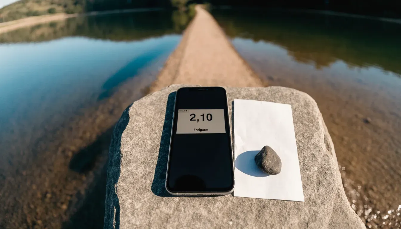 Ein schmaler Wanderweg führt am Seeufer entlang, auf einem Stein liegt ein Smartphone mit dunklem Display