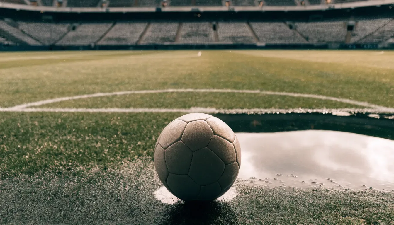 Ein Fussball liegt auf dem Anstosspunkt eines nassen Rasens, dahinter eine leere Tribüne unter grauem Himmel.