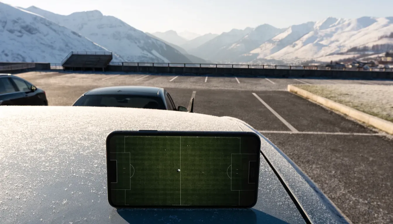 Schneebedeckte Berge ragen hinter einem kleinen Stadion in einem Alpental auf, im Vordergrund ein leerer Parkplatz am Morgen.