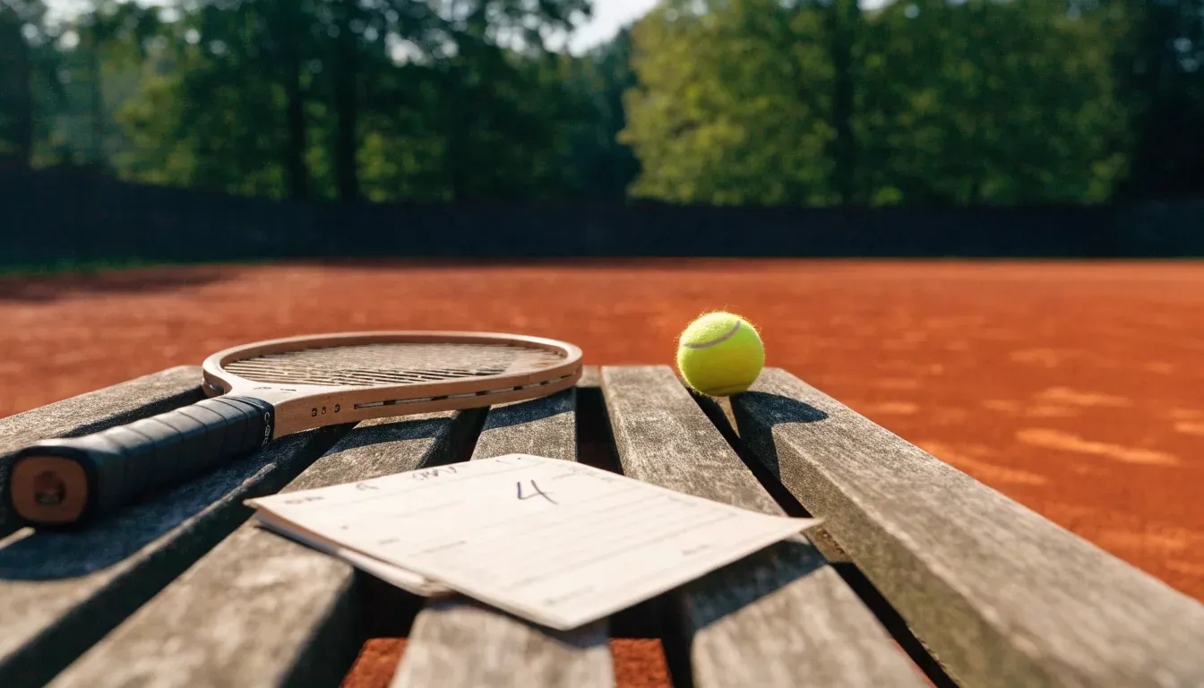 Ein Tennisball und ein Schläger ruhen auf einer Holzbank am Spielfeldrand, im Hintergrund hohe Bäume im Sommerlicht.