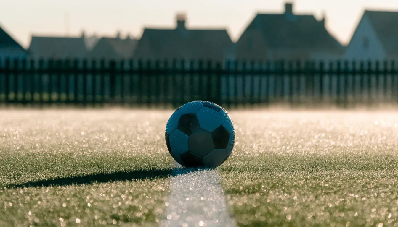 Ein Fussball liegt im Tau auf der Mittellinie eines Dorfplatzes bei Sonnenaufgang, der Rasen glitzert.