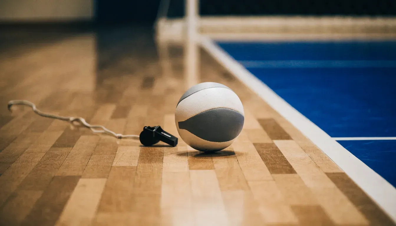 Ein kleiner, schwerer Ball liegt auf glattem Hallenparkett neben einer Trillerpfeife an einer Schnur.