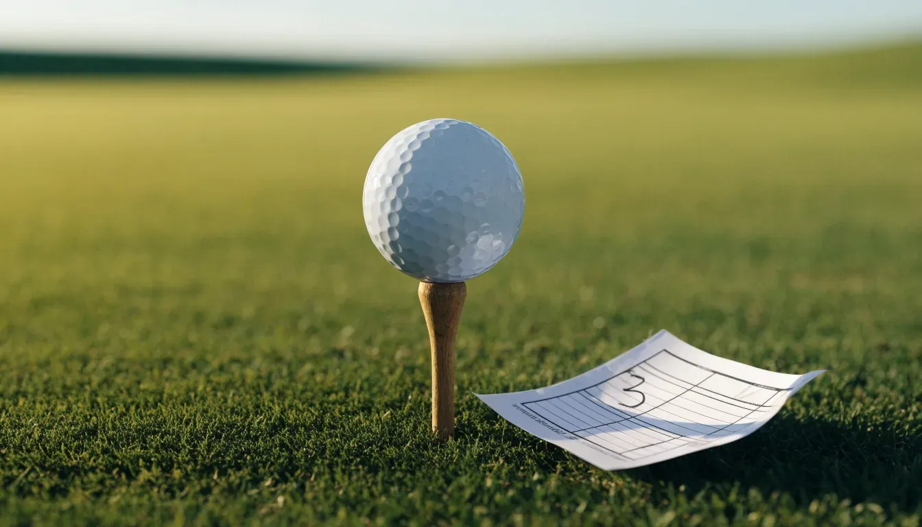 Ein Golfball liegt auf einem Holztee im Gras, scharf im Vordergrund, dahinter verschwimmt eine weite Wiese.