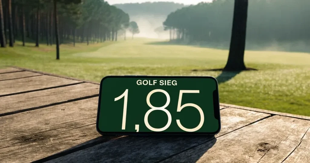 Ein weites Fairway zieht sich im Dunst des frühen Morgens zwischen Föhren hin, Tau liegt auf dem kurzen Gras.