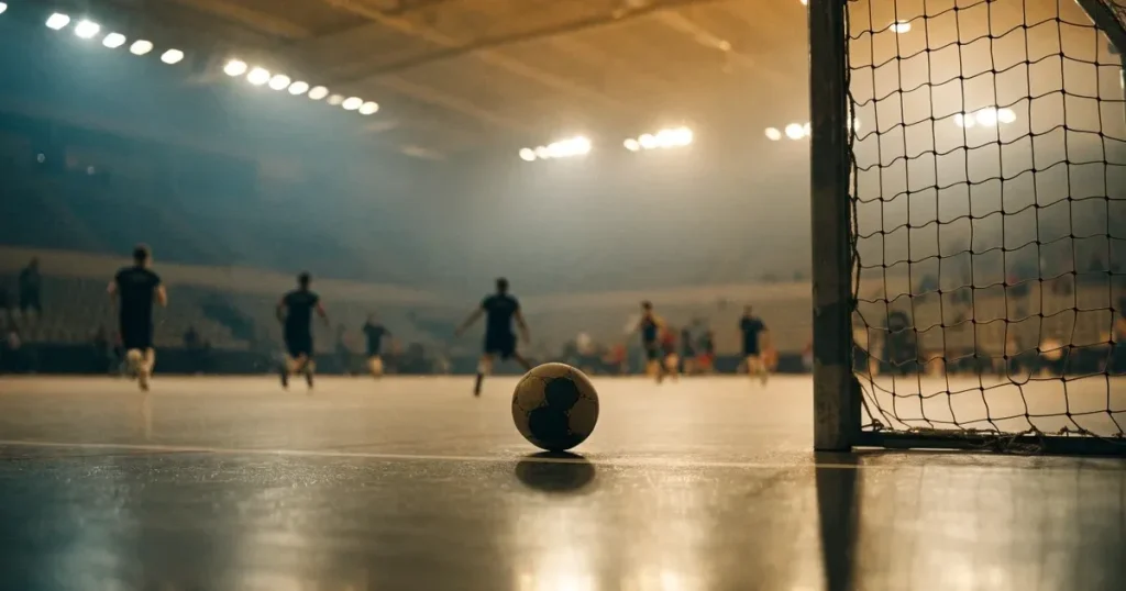 Ein Tor mit dicht gespanntem Netz steht in einer grossen Halle, davor liegt ein Handball auf der Torraumlinie.