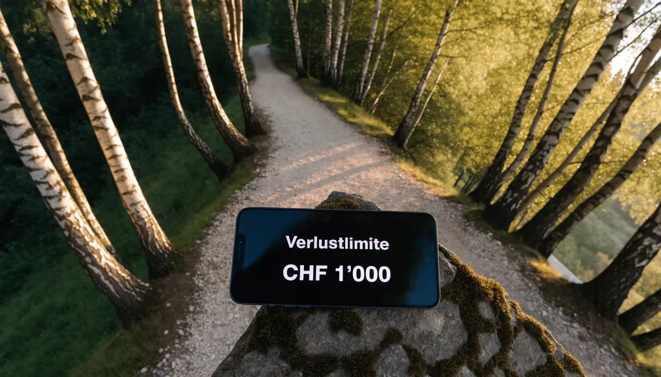 Ein Wanderweg führt zwischen hellen Birken bergauf, Sonnenstrahlen fallen durch das Laub auf den Boden.