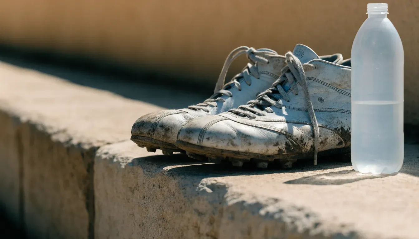 Ein Paar abgetragene Fussballschuhe steht neben einer Wasserflasche auf einer Treppenstufe im Sonnenlicht.