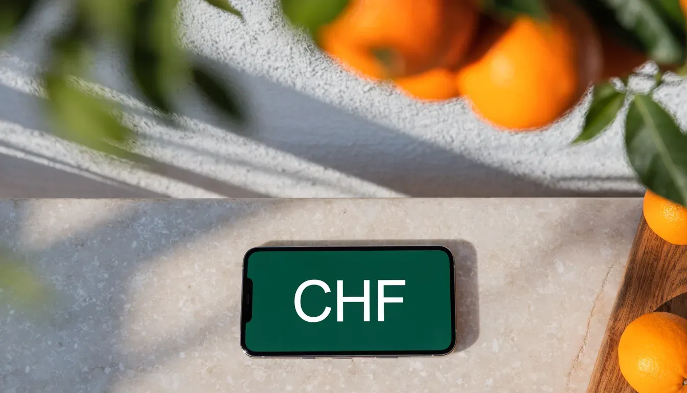 Ein Orangenbaum mit reifen Früchten wächst an einer weissen Mauer unter blauem Himmel.