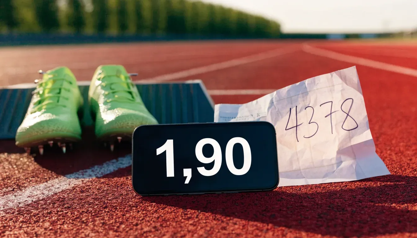 Ein Paar Laufschuhe mit Spikes liegt auf einer Tartanbahn neben einem Startblock, die Linien verlaufen in die Ferne.