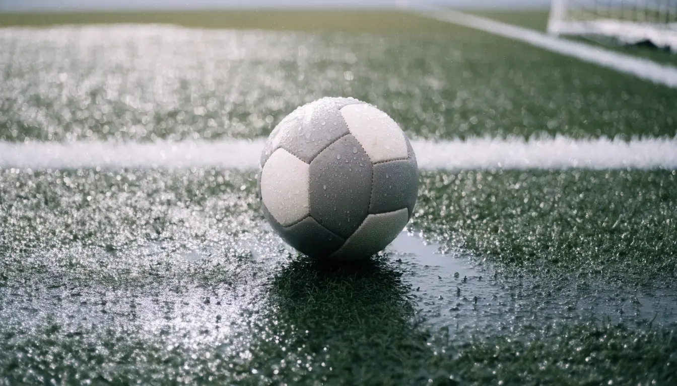 Ein Fussball liegt auf nassem Kunstrasen neben einer weissen Linie, Pfützen spiegeln den Himmel.