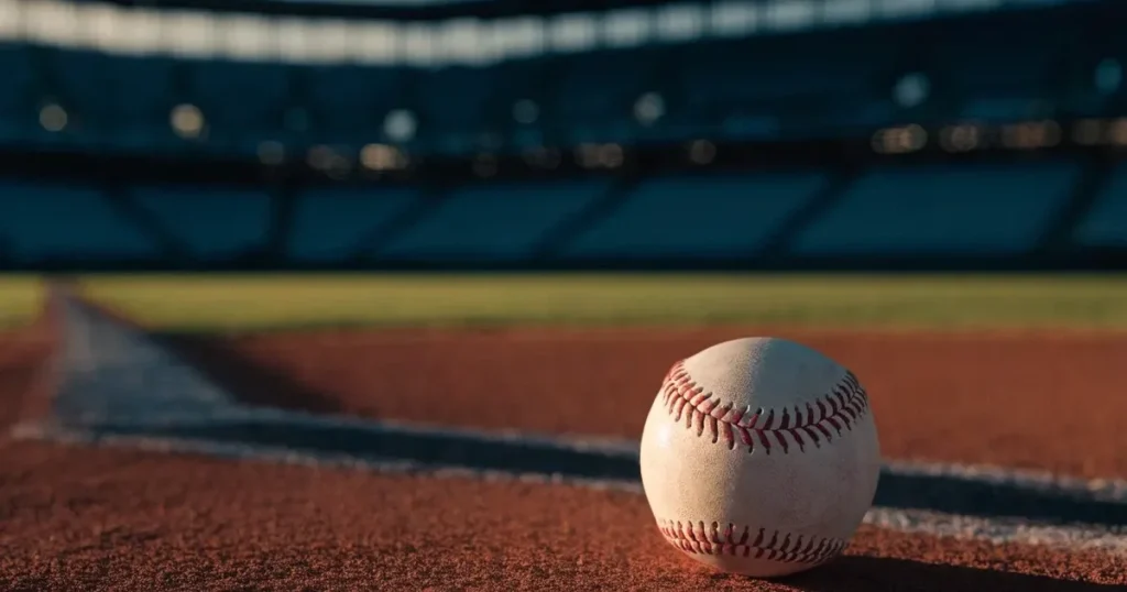 Ein weisser Baseball liegt auf rotbraunem Sand neben der Grundlinie eines leeren Stadions im warmen Abendlicht, die Ränge sind verlassen.