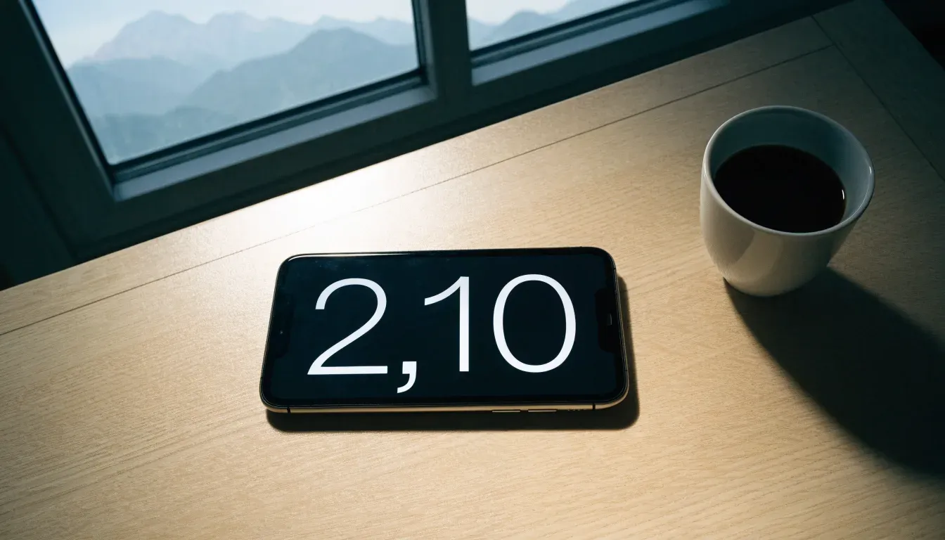 Ein Smartphone mit dunklem Bildschirm liegt auf einem hellen Schreibtisch neben einer Tasse, durch das Fenster dahinter sieht man eine Bergkette.